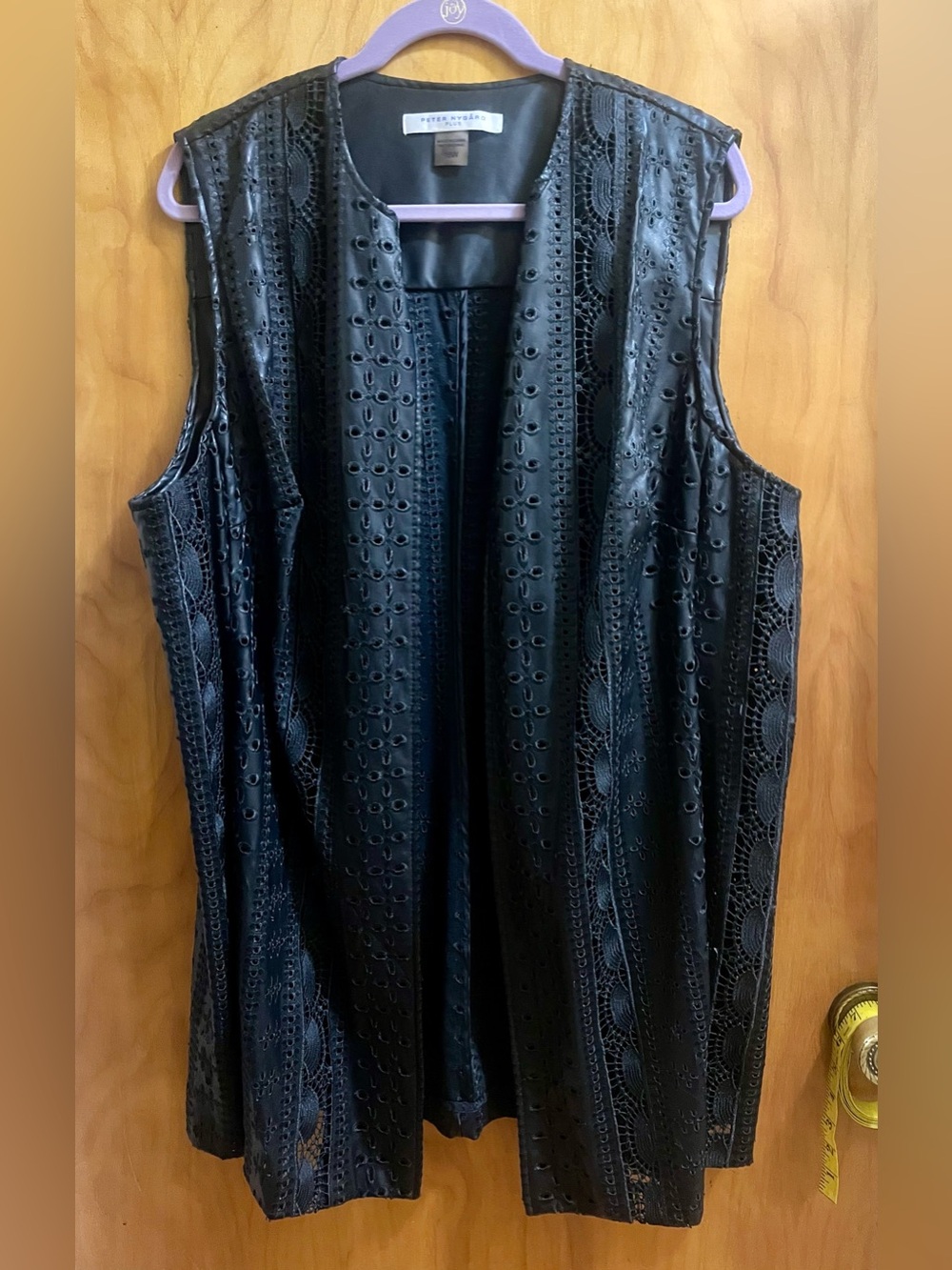 Peter Nygard Black Laser-Cut Faux Leather Long Vest